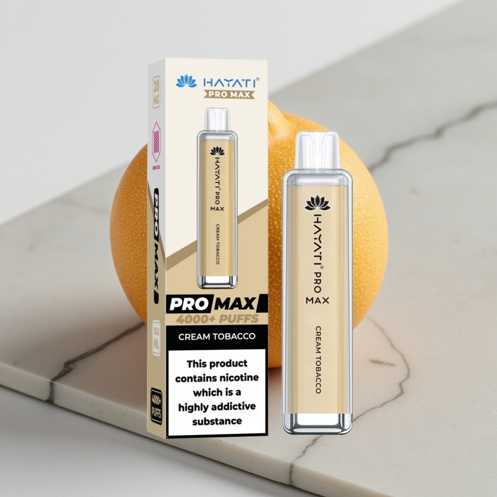 Hayati Pro Max 4000 Puffs Disposable Vape Tabaco Cremoso, 5% Nicotina, 1400mAh, Recarregável