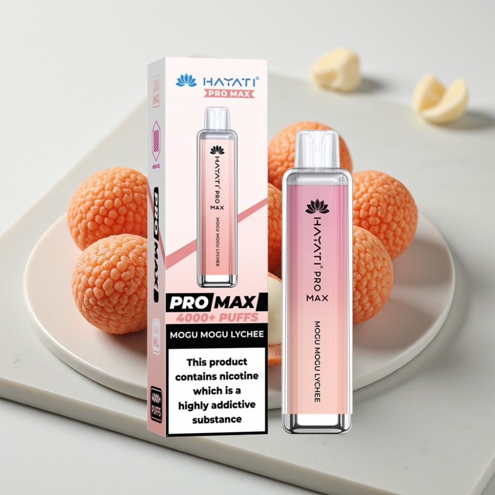 Hayati Pro Max 4000 Puffs Vape Descartável Mogu Mogu Lichia - 5% Nicotina, 1400mAh, Recarregável